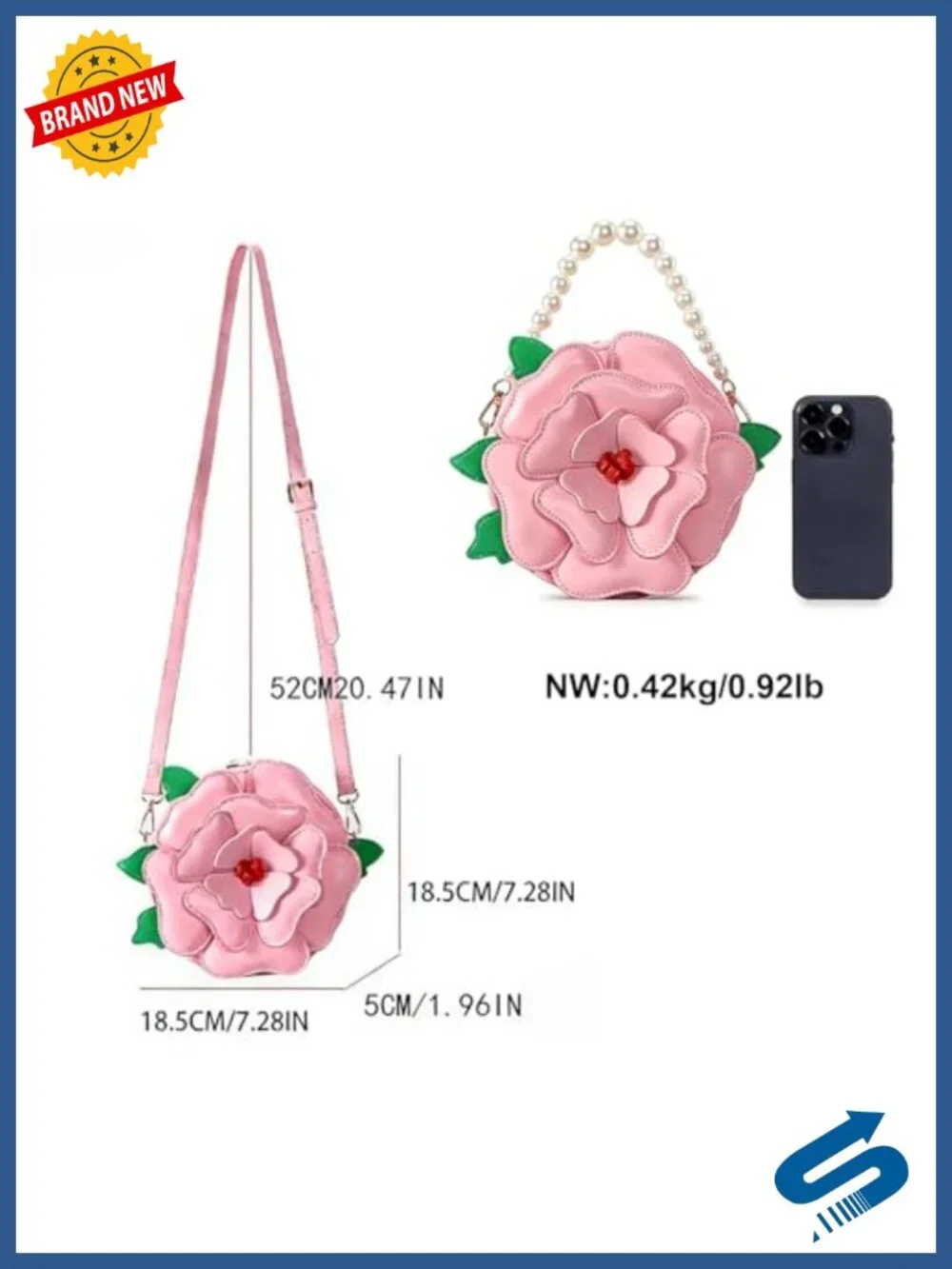 PU Leather Floral Crossbody Purse with Pearl Chain, Whimsical Novelty Handbag